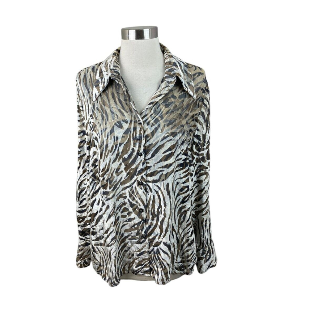 Escada Brown Velvet Tiger Stripe Burnout Long Sleeve Sz 42 Animal Blouse
